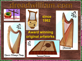 dreadailliam.com hand made  harps hammered dulcimers award winning orignal artworks since 1982